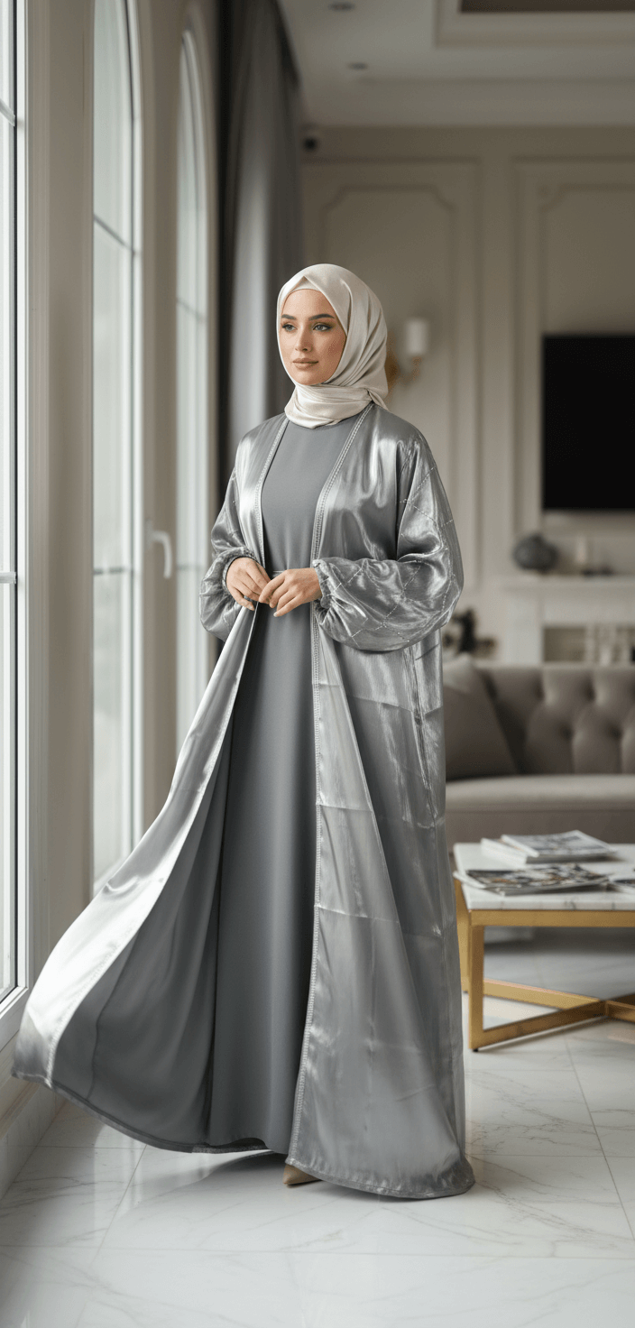 Woman in a gray abaya standing in a modern living room.