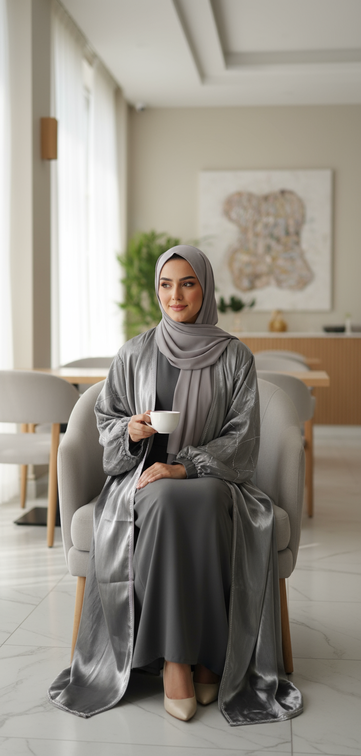 Woman in a gray hijab and dress sitting in a chair holding a cup in a room with a table and plants.