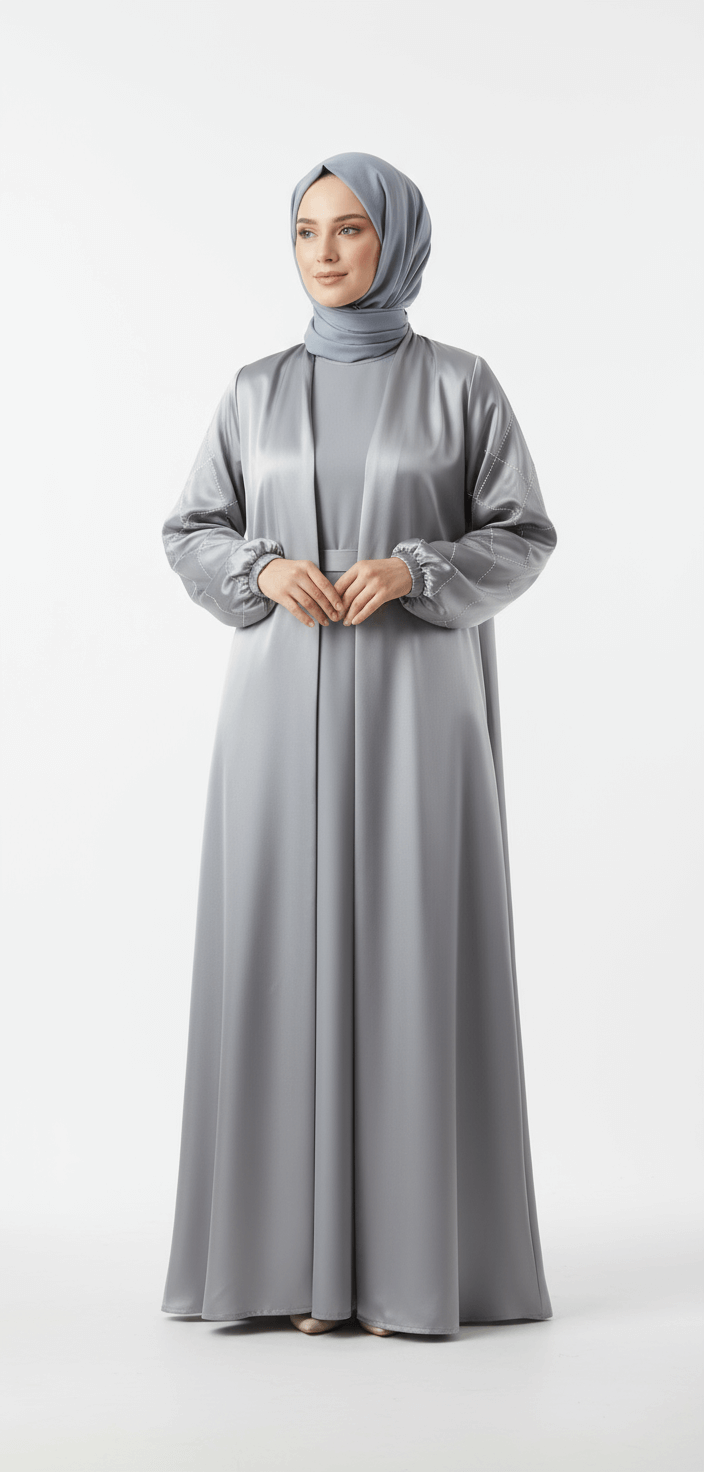 Woman wearing a gray abaya and hijab on a white background