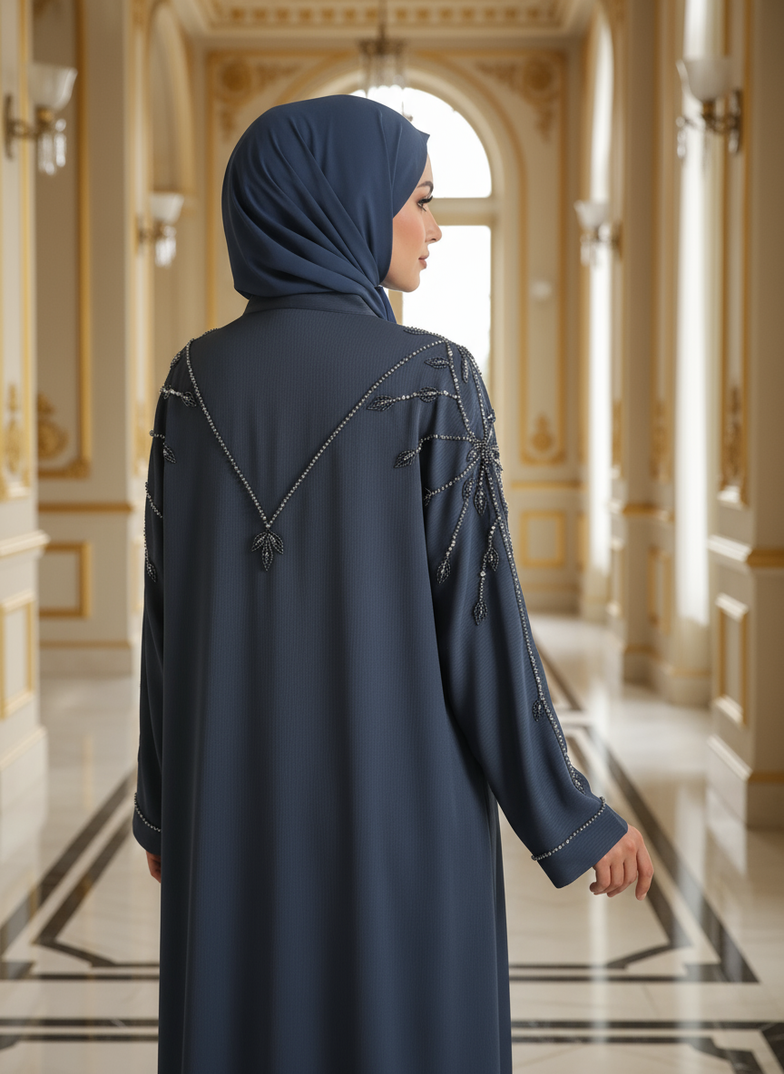 Woman in a navy abaya standing in an elegant hallway with columns and a large window.